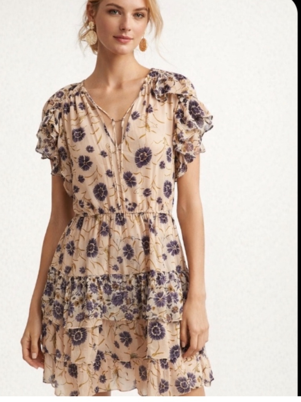 Anthropologie Current Air Purple and Cream Floral Print Ruffle Dress Sz M